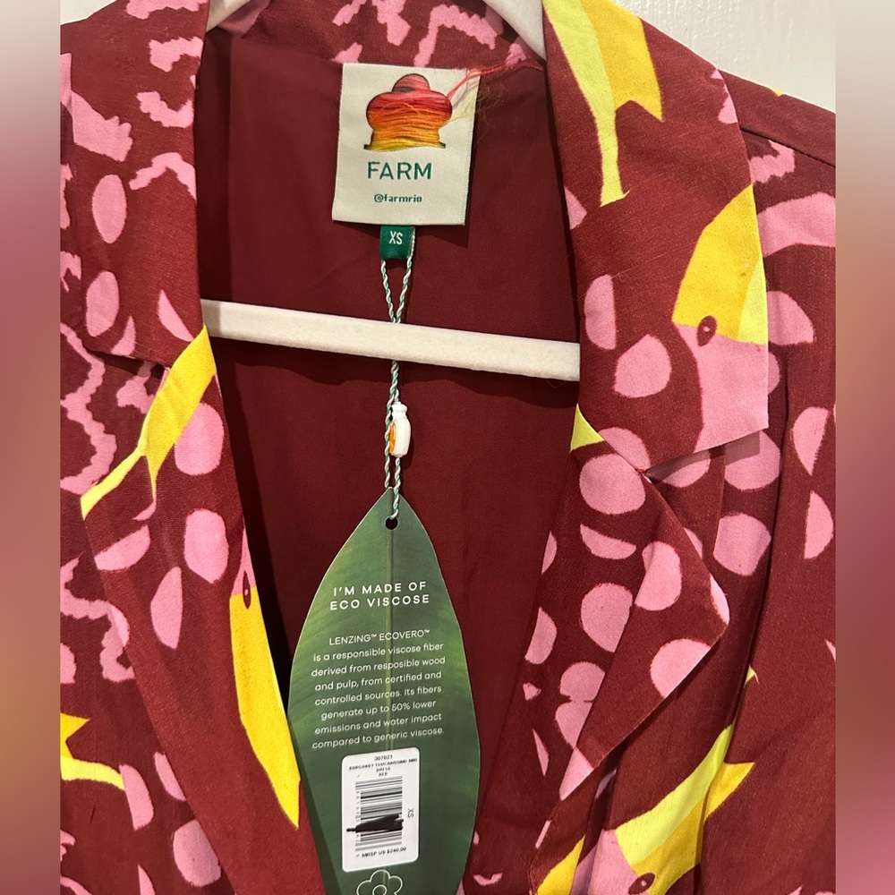 Farm Rio Toucanissimo Mini Dress NWT XS Burgundy Puff Sleeve Boho Style - Picture 7 of 10